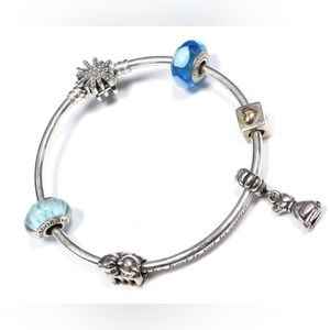 PANDORA 925 Silver Bangle Bracelet w/ 5 Pandora 925 St. Silver Charms